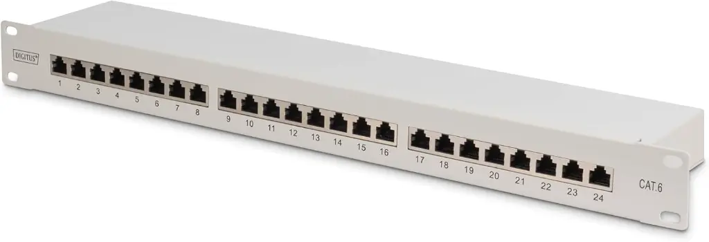 [DN-91624S] DIGITUS Panel de conexión (Patch panel) - 19 pulgadas - Cat-6 - 24 puertos RJ45 - Blindado - Panel de conexión LSA - Montaje en bastidor 1U - Gris
